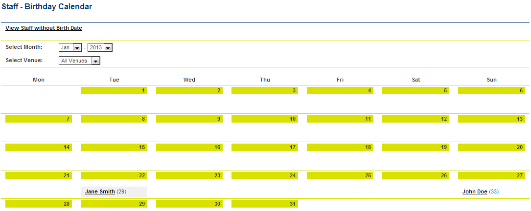 Staff Birthdays Calendar