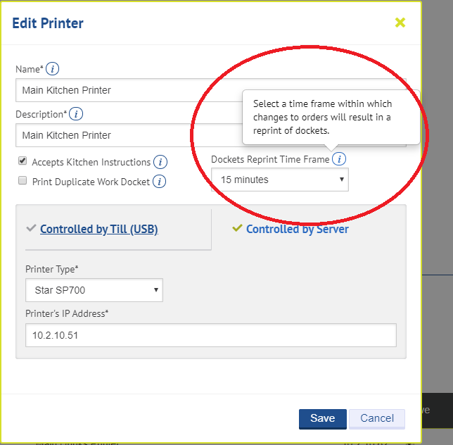 Screen grab of the Kobas Cloud Printer Manager, with the Dockets Reprint Time Frame setting highlighted.
